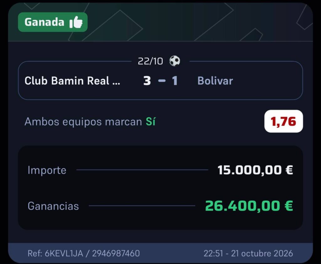 Ticket ganador STAKE DIAMANTE: Club Bamin Real – Bolivar