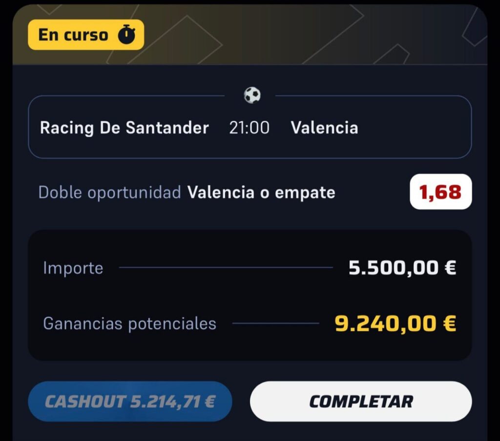 Ticket de la apuesta: Racing Santander – Valencia